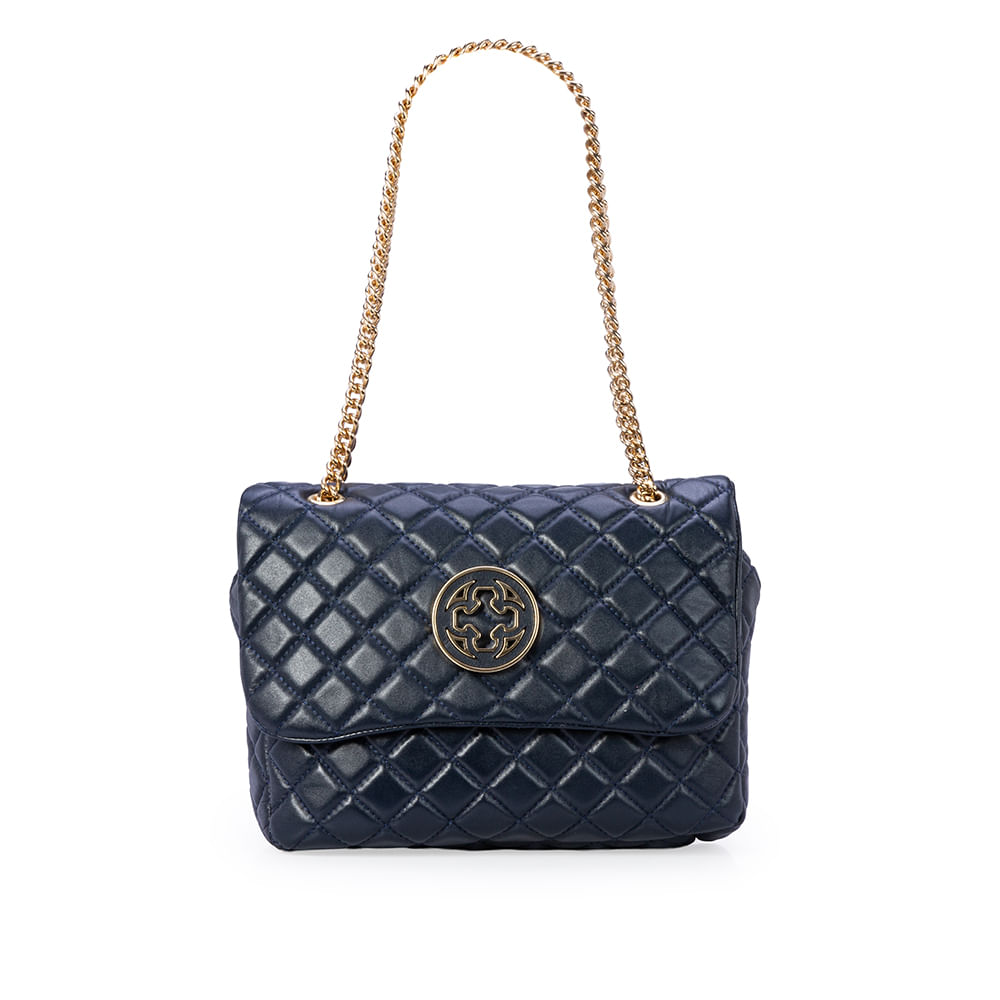 Bolsa Olívia Matelassê Couro Azul Marinho Alça Corrente