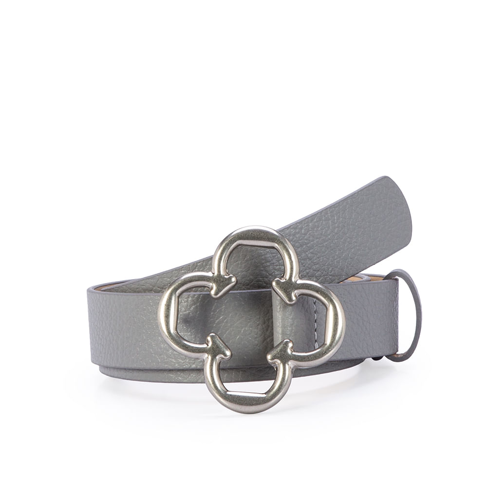 Cinto Feminino Couro Cinza Fivela Trevo Prateado